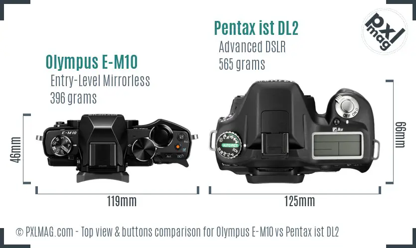 Olympus E-M10 vs Pentax ist DL2 top view buttons comparison