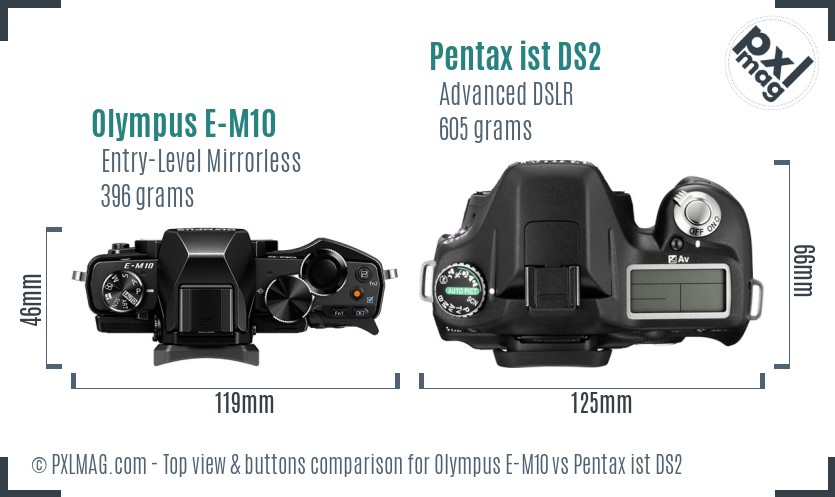 Olympus E-M10 vs Pentax ist DS2 top view buttons comparison