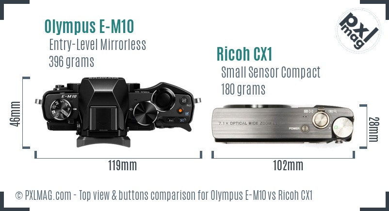 Olympus E-M10 vs Ricoh CX1 top view buttons comparison