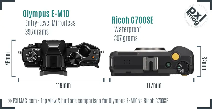 Olympus E-M10 vs Ricoh G700SE top view buttons comparison