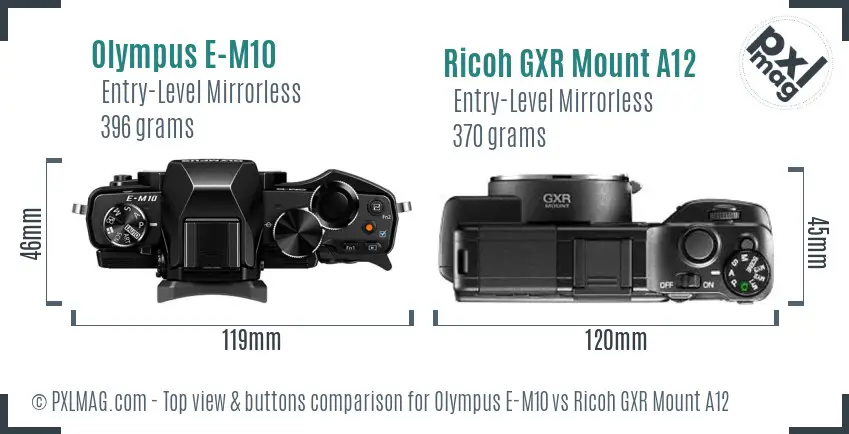 Olympus E-M10 vs Ricoh GXR Mount A12 top view buttons comparison