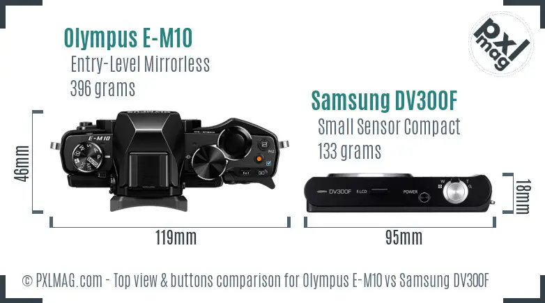 Olympus E-M10 vs Samsung DV300F top view buttons comparison