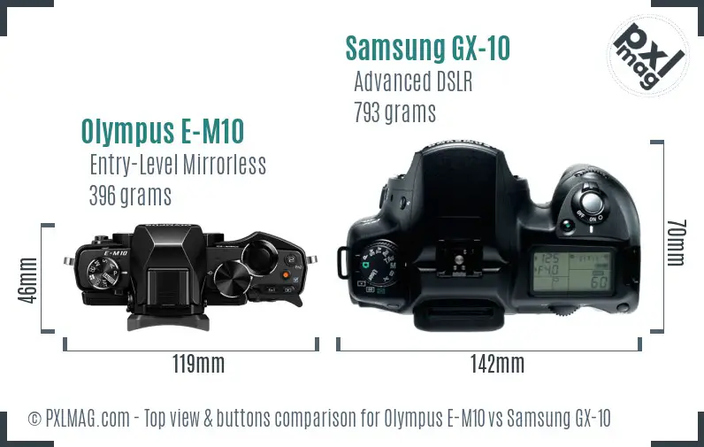 Olympus E-M10 vs Samsung GX-10 top view buttons comparison
