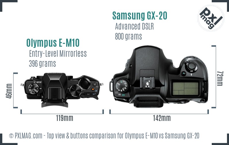 Olympus E-M10 vs Samsung GX-20 top view buttons comparison