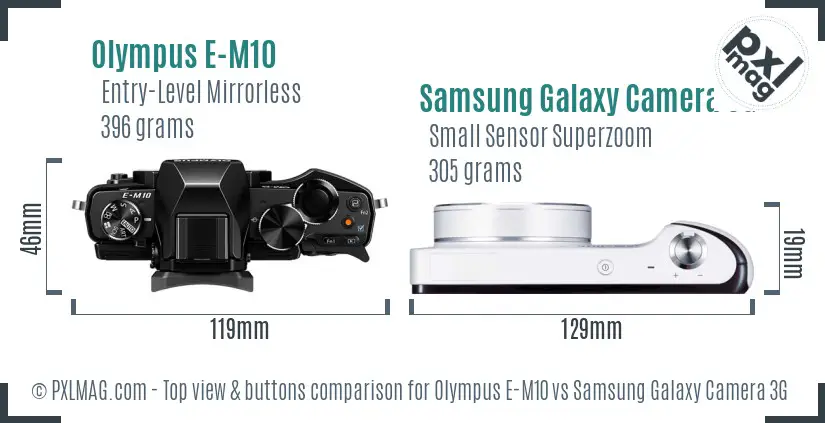 Olympus E-M10 vs Samsung Galaxy Camera 3G top view buttons comparison Olympus E-M10 vs Samsung Galaxy Camera 3G top view buttons comparison