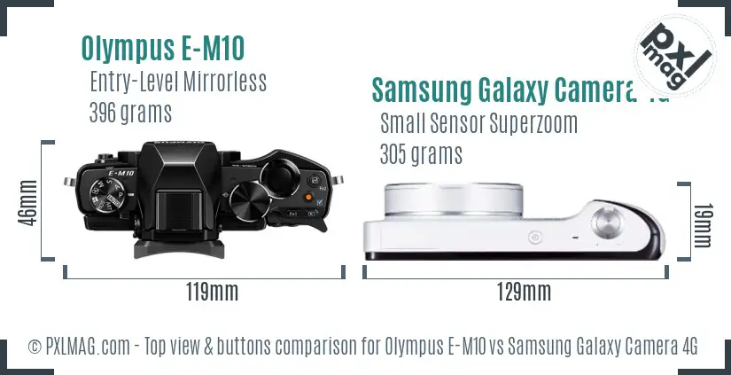 Olympus E-M10 vs Samsung Galaxy Camera 4G top view buttons comparison