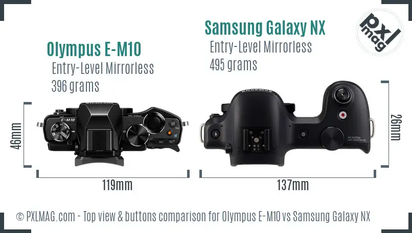 Olympus E-M10 vs Samsung Galaxy NX top view buttons comparison