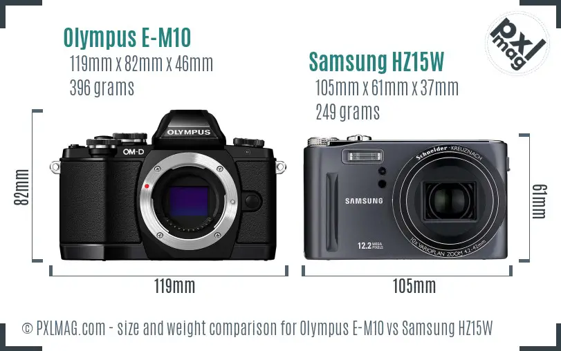 Olympus E-M10 vs Samsung HZ15W size comparison