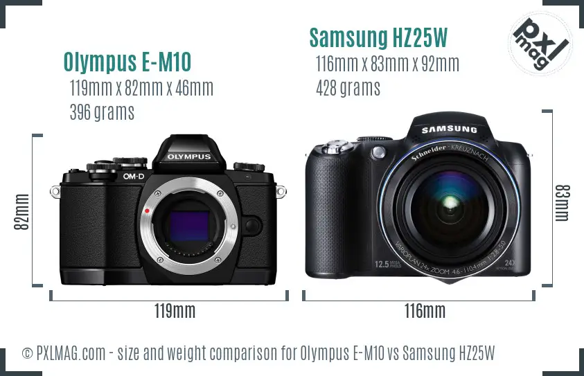 Olympus E-M10 vs Samsung HZ25W size comparison
