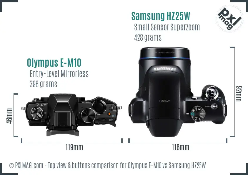 Olympus E-M10 vs Samsung HZ25W top view buttons comparison