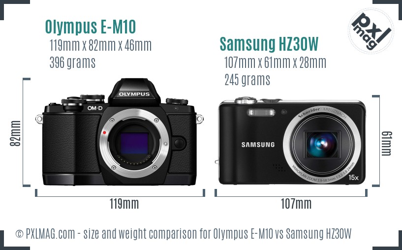 Olympus E-M10 vs Samsung HZ30W size comparison