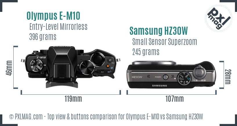 Olympus E-M10 vs Samsung HZ30W top view buttons comparison
