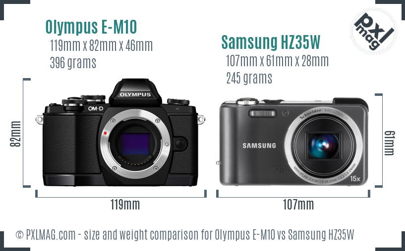 Olympus E-M10 vs Samsung HZ35W size comparison Olympus E-M10 vs Samsung HZ35W size comparison