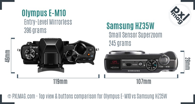 Olympus E-M10 vs Samsung HZ35W top view buttons comparison