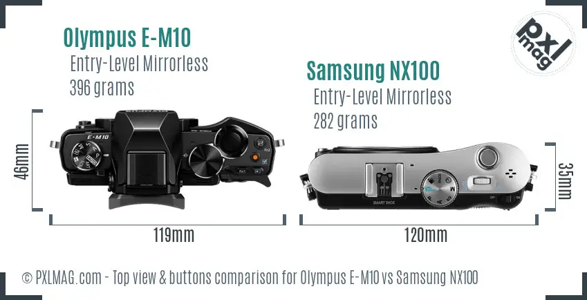 Olympus E-M10 vs Samsung NX100 top view buttons comparison