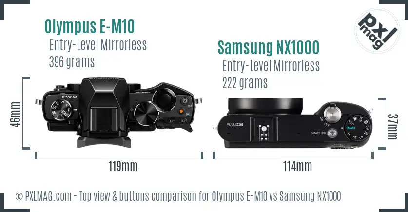 Olympus E-M10 vs Samsung NX1000 top view buttons comparison Olympus E-M10 vs Samsung NX1000 top view buttons comparison