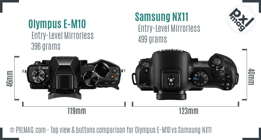 Olympus E-M10 vs Samsung NX11 top view buttons comparison