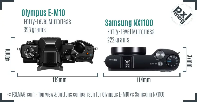 Olympus E-M10 vs Samsung NX1100 top view buttons comparison