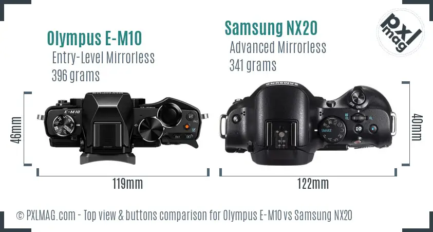 Olympus E-M10 vs Samsung NX20 top view buttons comparison