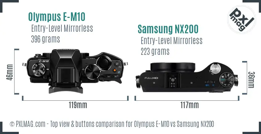 Olympus E-M10 vs Samsung NX200 top view buttons comparison