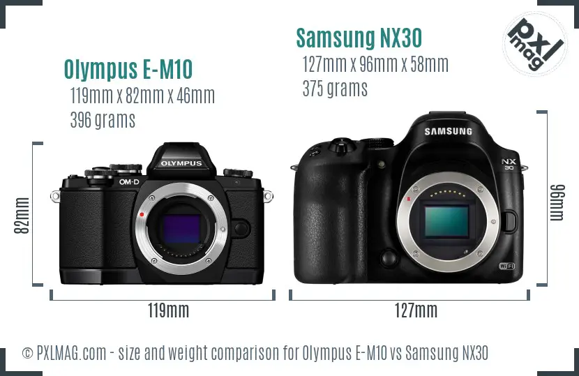 Olympus E-M10 vs Samsung NX30 size comparison Olympus E-M10 vs Samsung NX30 size comparison