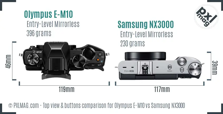 Olympus E-M10 vs Samsung NX3000 top view buttons comparison