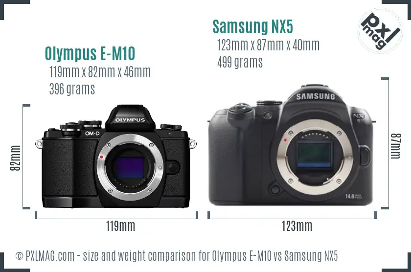 Olympus E-M10 vs Samsung NX5 size comparison