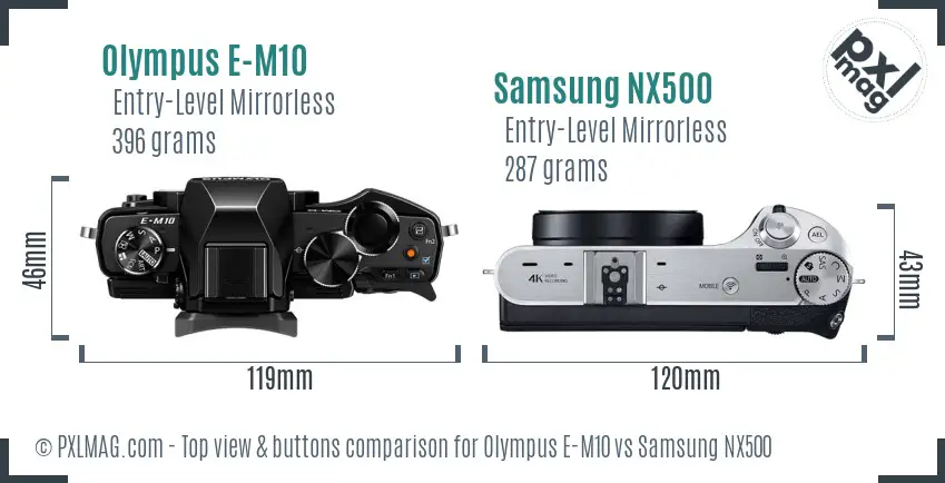 Olympus E-M10 vs Samsung NX500 top view buttons comparison