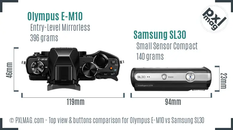 Olympus E-M10 vs Samsung SL30 top view buttons comparison