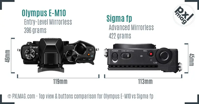 Olympus E-M10 vs Sigma fp top view buttons comparison