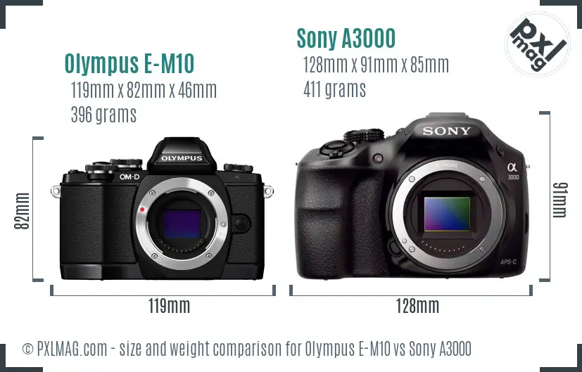 Olympus E-M10 vs Sony A3000 size comparison