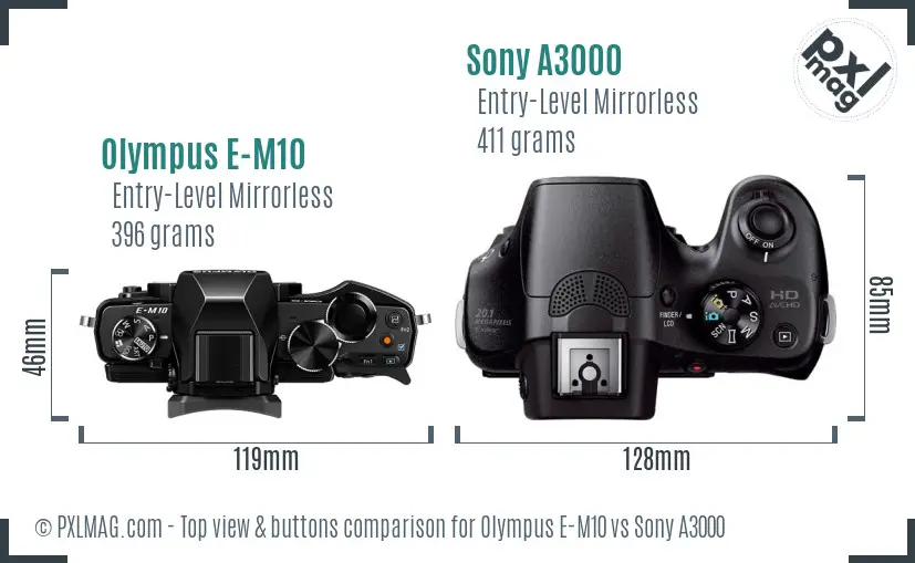 Olympus E-M10 vs Sony A3000 top view buttons comparison