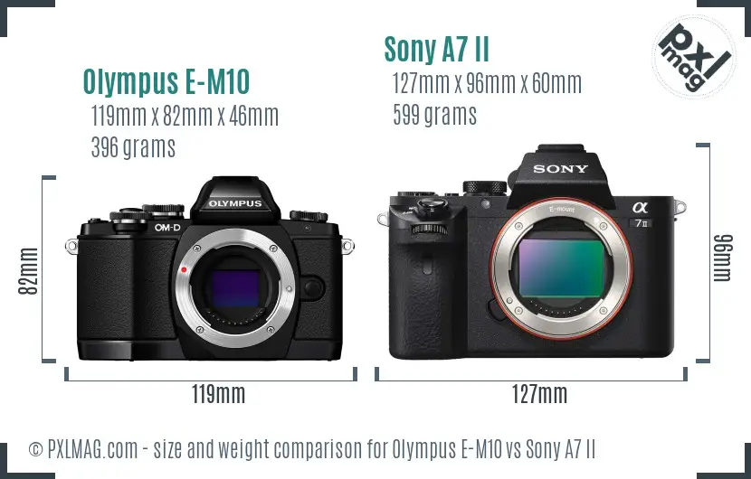 Olympus E-M10 vs Sony A7 II size comparison