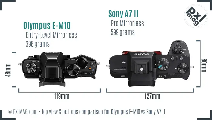 Olympus E-M10 vs Sony A7 II top view buttons comparison