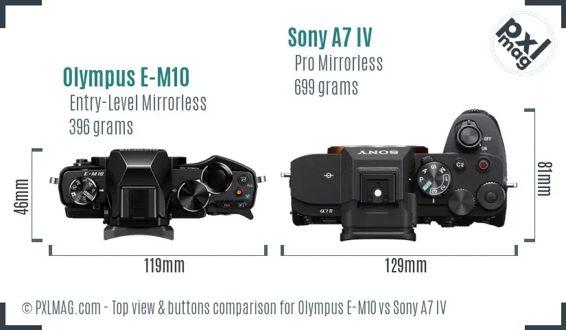 Olympus E-M10 vs Sony A7 IV top view buttons comparison