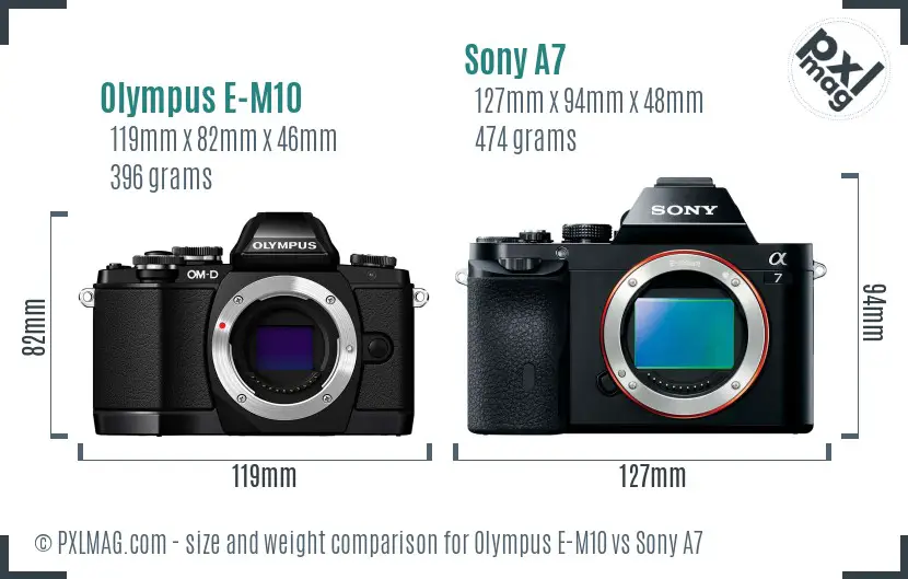 Olympus E-M10 vs Sony A7 size comparison