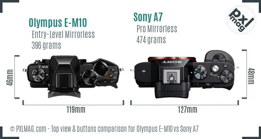 Olympus E-M10 vs Sony A7 top view buttons comparison