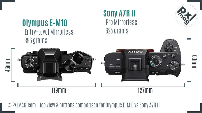 Olympus E-M10 vs Sony A7R II top view buttons comparison