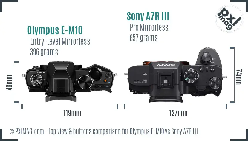 Olympus E-M10 vs Sony A7R III top view buttons comparison