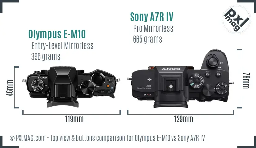 Olympus E-M10 vs Sony A7R IV top view buttons comparison