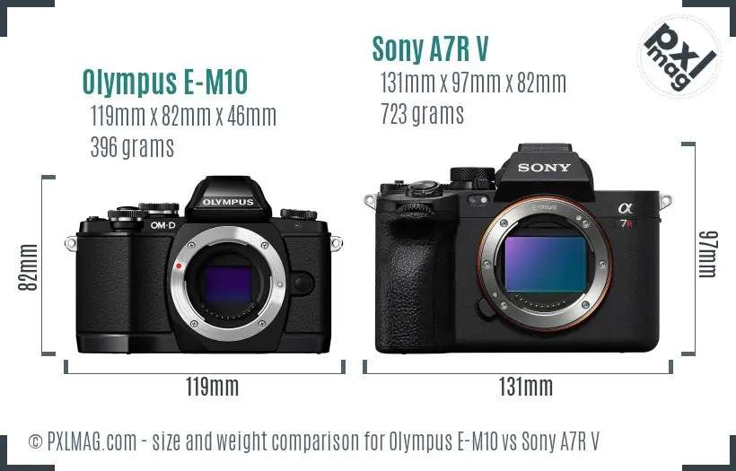 Olympus E-M10 vs Sony A7R V size comparison Olympus E-M10 vs Sony A7R V size comparison