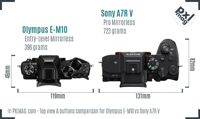 Olympus E-M10 vs Sony A7R V top view buttons comparison Olympus E-M10 vs Sony A7R V top view buttons comparison