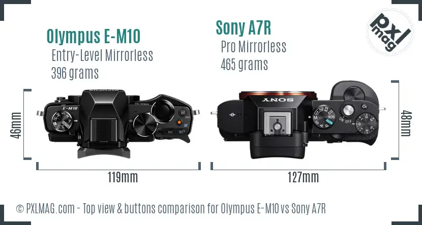 Olympus E-M10 vs Sony A7R top view buttons comparison