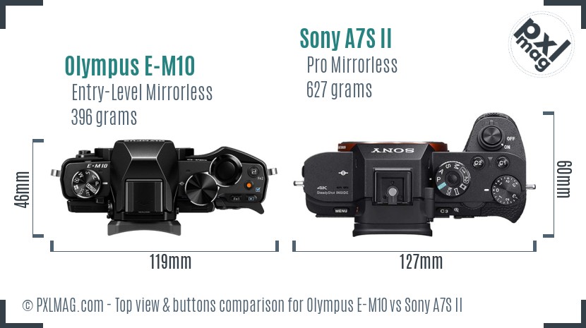 Olympus E-M10 vs Sony A7S II top view buttons comparison