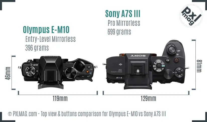 Olympus E-M10 vs Sony A7S III top view buttons comparison