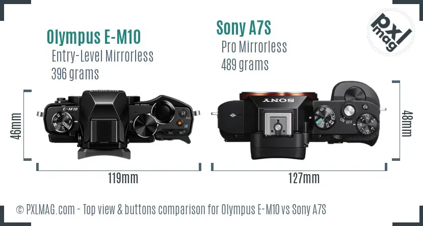 Olympus E-M10 vs Sony A7S top view buttons comparison