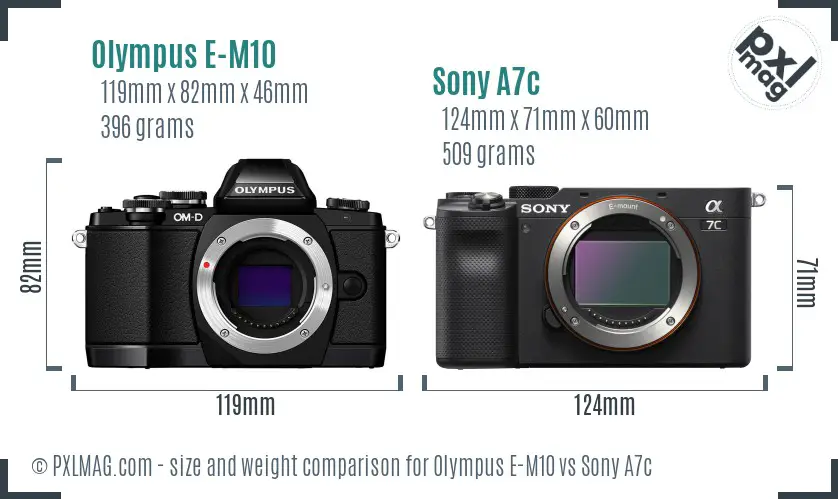Olympus E-M10 vs Sony A7c size comparison