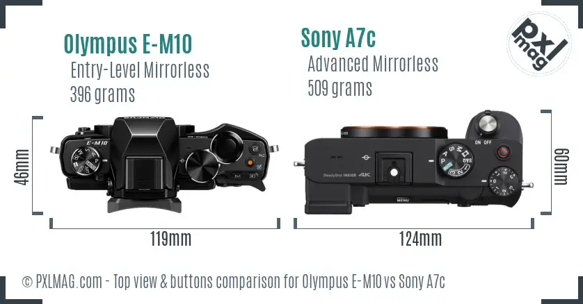 Olympus E-M10 vs Sony A7c top view buttons comparison
