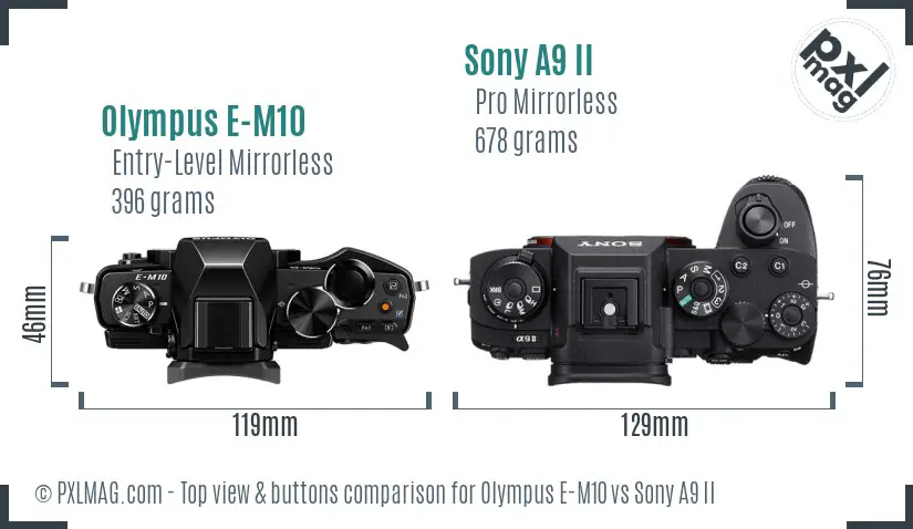 Olympus E-M10 vs Sony A9 II top view buttons comparison