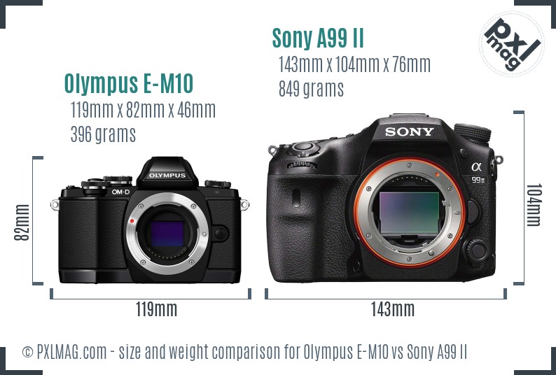 Olympus E-M10 vs Sony A99 II size comparison